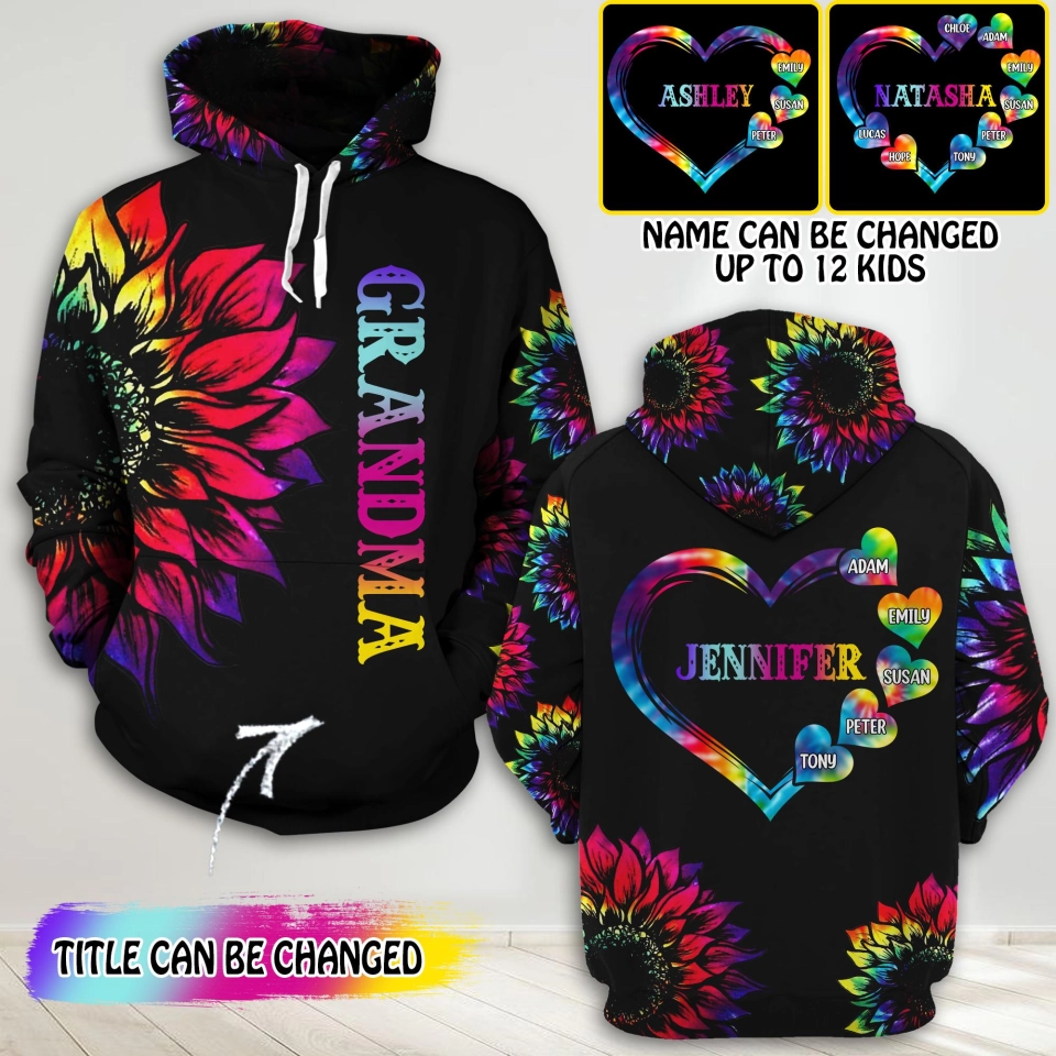 Personalized Grandma Kid Sunflower Heart Hoodie 3d Printed