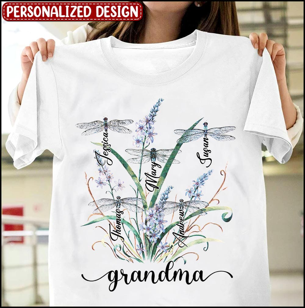 Personalized Dragonfly Grandma Mom Auntie with Grandkids T-shirt