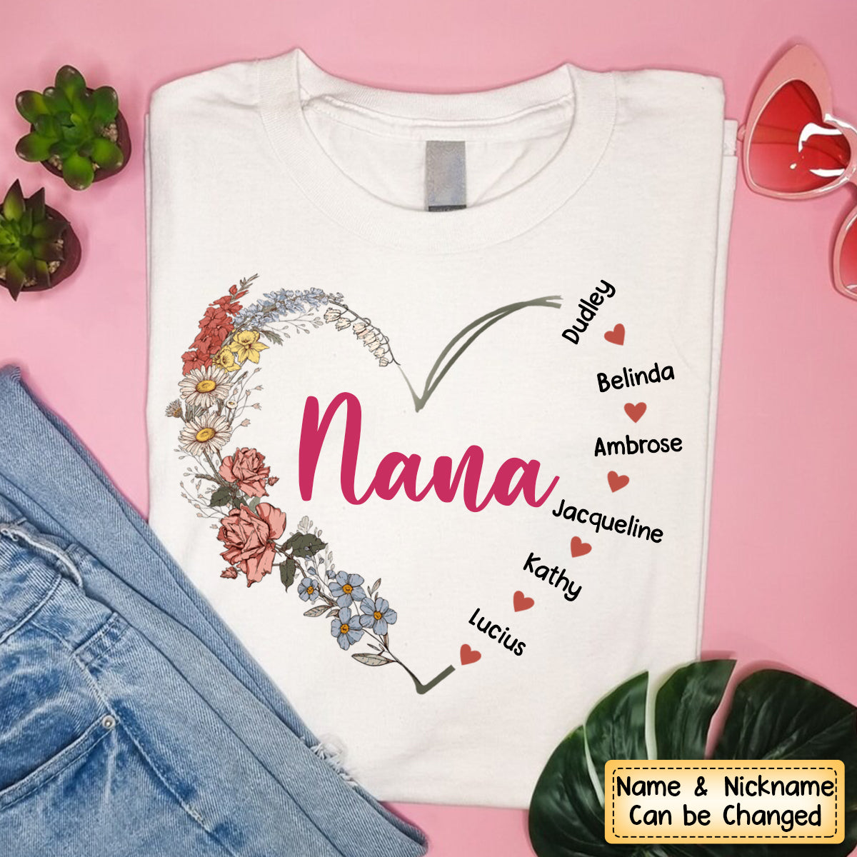 Flower Grandma Mom Heart Kids Personalized Pure Cotton T-Shirt