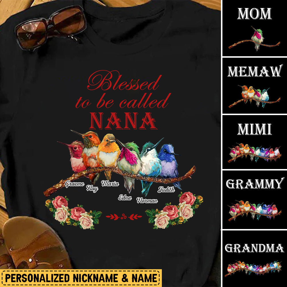 Personalized Blessed To Be Called Grandma/Mom Kids Flower Bird Woodpecker T-Shirt