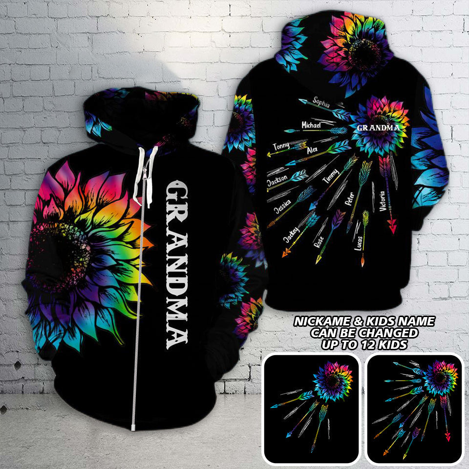 Personalized Grandma with Kid Name Tie Dye Sunflower Zipper Hoodie